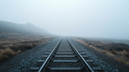 Tranquil Foggy Railway Tracks Stretching Into The Distance Surrounded By Mysterious Landscape