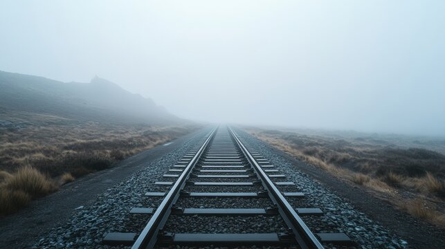 Tranquil Foggy Railway Tracks Stretching Into The Distance Surrounded By Mysterious Landscape