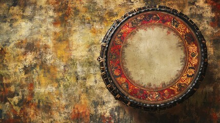 Fototapeta premium Antique Hand Drum on Ornate Background Texture