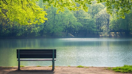 Obraz premium Serene Bench by Tranquil Lake Surrounded by Lush Green Trees in Bright Daylight