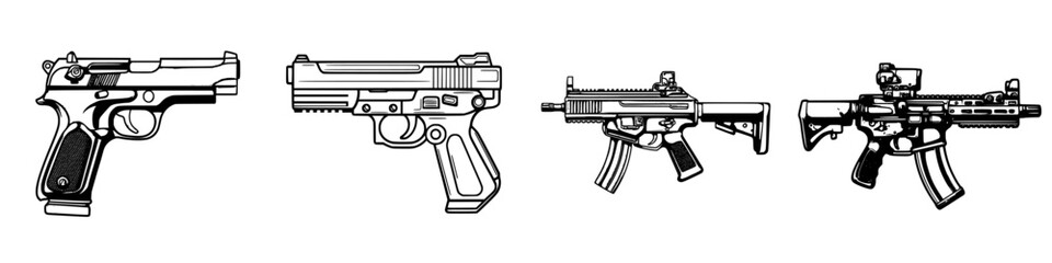 Various types of handguns and rifles displayed on a flat surface showcasing firearm design and specifications