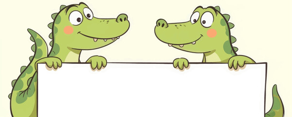 Obraz premium Cartoon Green Alligators Holding a Blank White Sign
