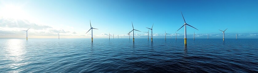 Offshore wind turbines in the ocean, powerful white blades spinning in blue waters under bright blue skies, renewable energy concept, scenic and serene, ultradetailed, 8K