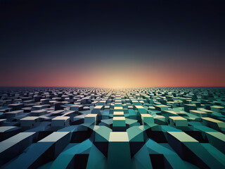 Naklejka premium Image is a digital abstract artwork featuring a geometric pattern composed of various shapes, including circles, semi-circles, and rectangles. The layout is a grid-like arrangement with a harmonious