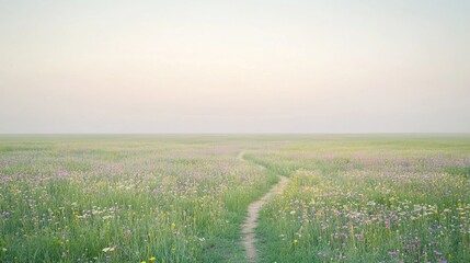 Serene Nature Path Through Wildflower Field Under Soft Sunrise Sky with Gentle Horizon