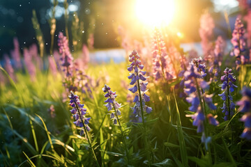 Obraz premium Field of purple flowers with dew drops on them. The flowers are in full bloom and the sunlight is shining on them, creating a serene and peaceful atmosphere