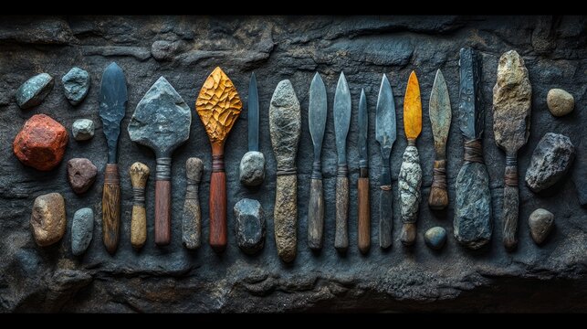 Ancient tools arranged on dark stone highlight early human craftsmanship and innovation
