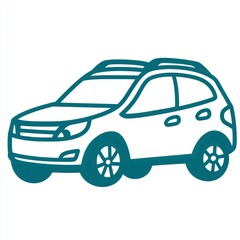 Fototapeta premium Simple line drawing of a teal blue SUV, viewed from a three quarter angle, showcasing its design details against a white background.