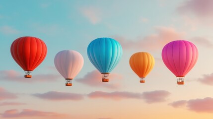 Fototapeta premium Five Colorful Hot Air Balloons Soaring Through a Pastel Sky at Sunset
