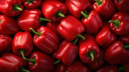 Fresh red bell peppers piled together