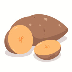 Cut and Whole Sweet Potatoes with Brown Skin