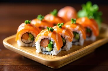 Sushi rolls with fresh salmon and vegetables prepared in a cozy kitchen