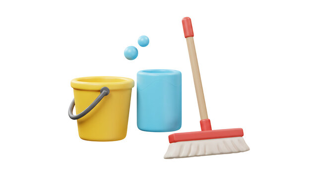 cleaning tools: yellow bucket, blue container, red mop clip art preview