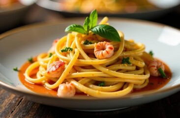 Delicious shrimp pasta with fresh basil in a cozy kitchen setting