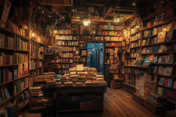 A cozy vintage bookstore with wooden shelves filled with books, warm lighting, and a nostalgic atmosphere, inviting book lovers into a timeless space.