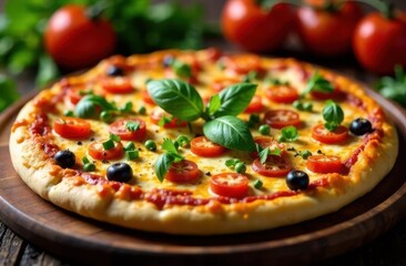 Freshly baked pizza topped with tomatoes and basil in rustic kitchen setting