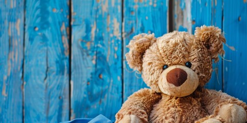 Highly Detailed Close Up View of a Cute Teddy Bear on Blue Wooden Planks Background
