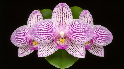 Fototapeta premium Close up view of three purple and white orchids with intricate striped patterns, set against a black background. The orchids are in full bloom, exhibiting vibrant colors and fine details.