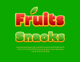 Naklejka premium Vector Artistic label Fruits Snacks. Green and Yellow Bright Font. Decorative Alphabet Letters and Numbers set. 