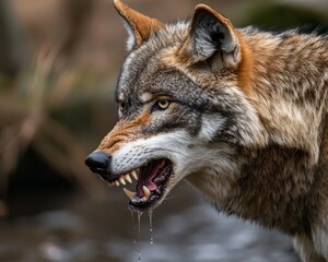 Obraz premium Close up of a gray and brown wolf baring its teeth, showing aggression. Water droplets hang from its mouth. The background is blurred, suggesting a