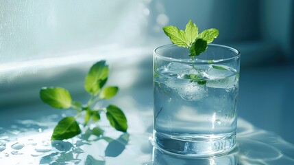 A refreshing glass of water with floating mint leaves and ice cubes