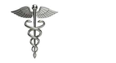 Metal caduceus medical symbol on white background as healthcare concept