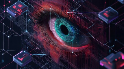 Futuristic digital eye with circuit patterns.