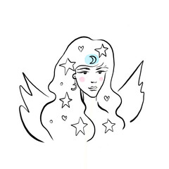 Contour drawing, beautiful image of a young angel with wings. suitable for logo design and tattoo images.
