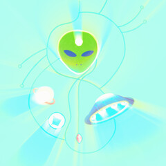 Abstract color illustration of aliens. the space plate, the face, the crystals and the planet are connected by a line