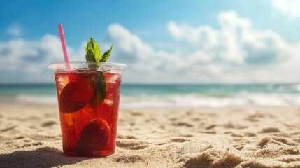 Obraz premium A refreshing strawberry iced tea in a clear plastic cup, placed on a sunny beach