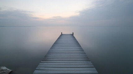 Obraz premium Serene Wooden Pier Extending into Calm Waters at Dusk with Soft Clouds Above