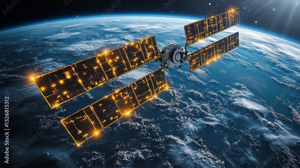 Poster a satellite orbits earth, equipped with solar panels capturing sunlight. this spacecraft transmits t