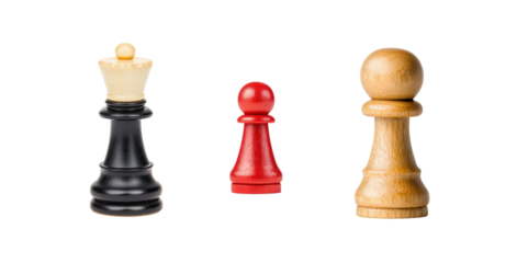 Three distinct chess pieces are displayed, including a black king, a red pawn and a wooden pawn, showcasing varying sizes and colors.