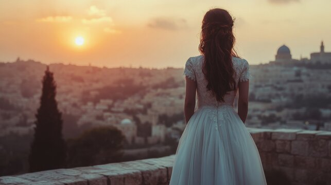 A melancholic bride standing alone, back view, looking over the old city of Jerusalem at dusk, deep emotional tone