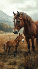 Obraz premium Horses standing together in a serene meadow during autumn near mountains