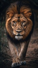 Fototapeta premium Majestic male lion with a thick, reddish brown mane walks toward the camera on a dark brown path. The lighting is dramatic, highlighting the lion's