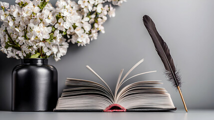 A still life shows an open book near flowers and a feather