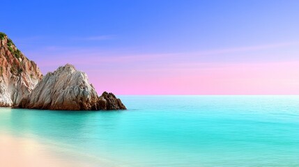 Obraz premium Serene coastal scene at sunrise, featuring a tranquil turquoise sea, pale pink sky, and rocky shoreline. The calm water gently laps a sandy beach.