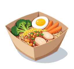 Ramen noodle bowl with egg, carrots, broccoli, corn