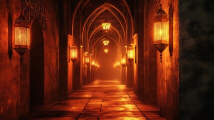 Fototapeta premium A mystical lantern-lit passageway inside an ancient Islamic structure, warm glowing lights guiding the path