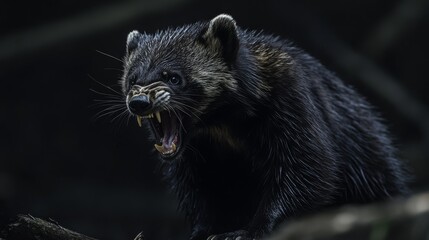 Close up of a snarling black nocturnal mammal with dark fur and visible teeth, set against a blurred dark background. The animal appears aggressive