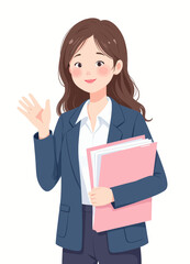 Smiling Cartoon Businesswoman Waving with Pink Folder