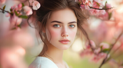 Fototapeta premium serene young woman with captivating eyes surrounded by blooming cherry blossoms, exuding sense of tranquility and beauty.