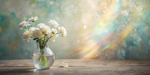 Elegant White Flowers in Rainbow Glass Vase, Serene Still Life Photography