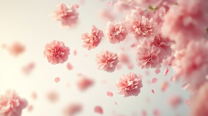 Fototapeta premium pink flower floating in the air on white background, floral wallpaper, banner