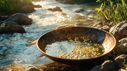 A gold pan filled with water and gold flakes rests near a rocky creek on a sunny day