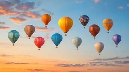 Obraz premium Colorful Hot Air Balloons Soaring at Sunset