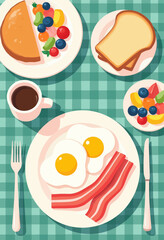 Vibrant Breakfast Still Life: Eggs, Bacon, Fruit, Coffee