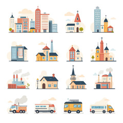Obraz premium Vector Flat Cityscape Buildings and Transportation Set