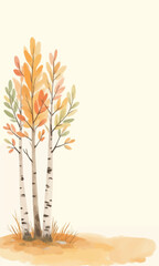 Watercolor Birch Trees with Autumn Leaves and Copy Space